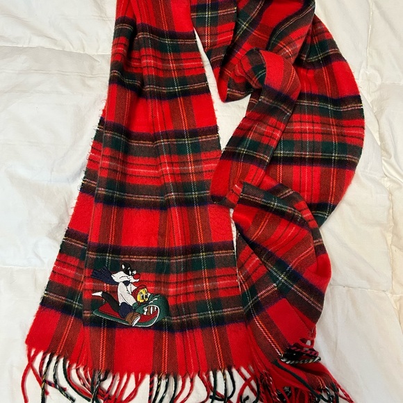 Scarf with Sylvester & Tweety Sledding, red plaid with fringe by Acme Clothing. - Picture 3 of 5